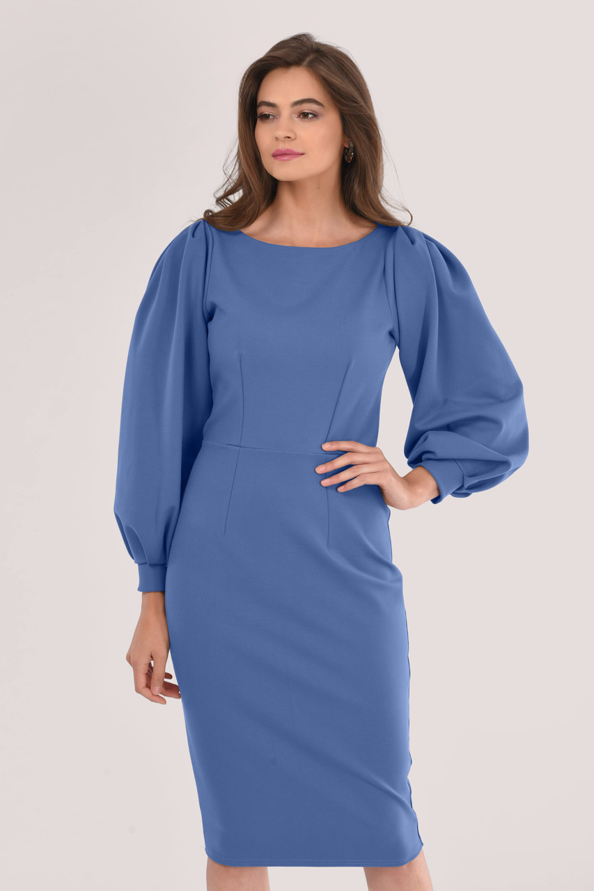 Blue Pleated Long Sleeve Pencil Dress